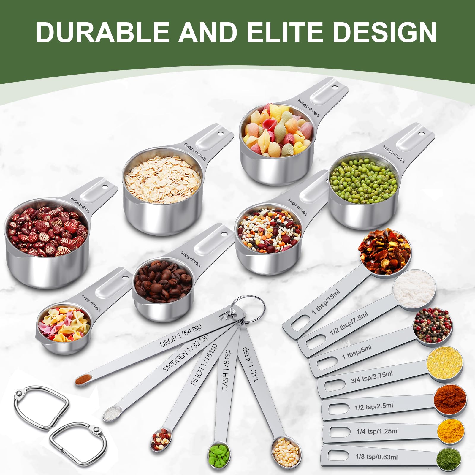 14-Piece Stainless Steel Measuring Cups & Spoons Set – One-Piece Design, Rust Resistant (Silver)