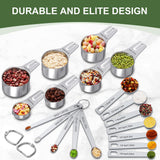 14-Piece Stainless Steel Measuring Cups & Spoons Set – One-Piece Design, Rust Resistant (Silver)