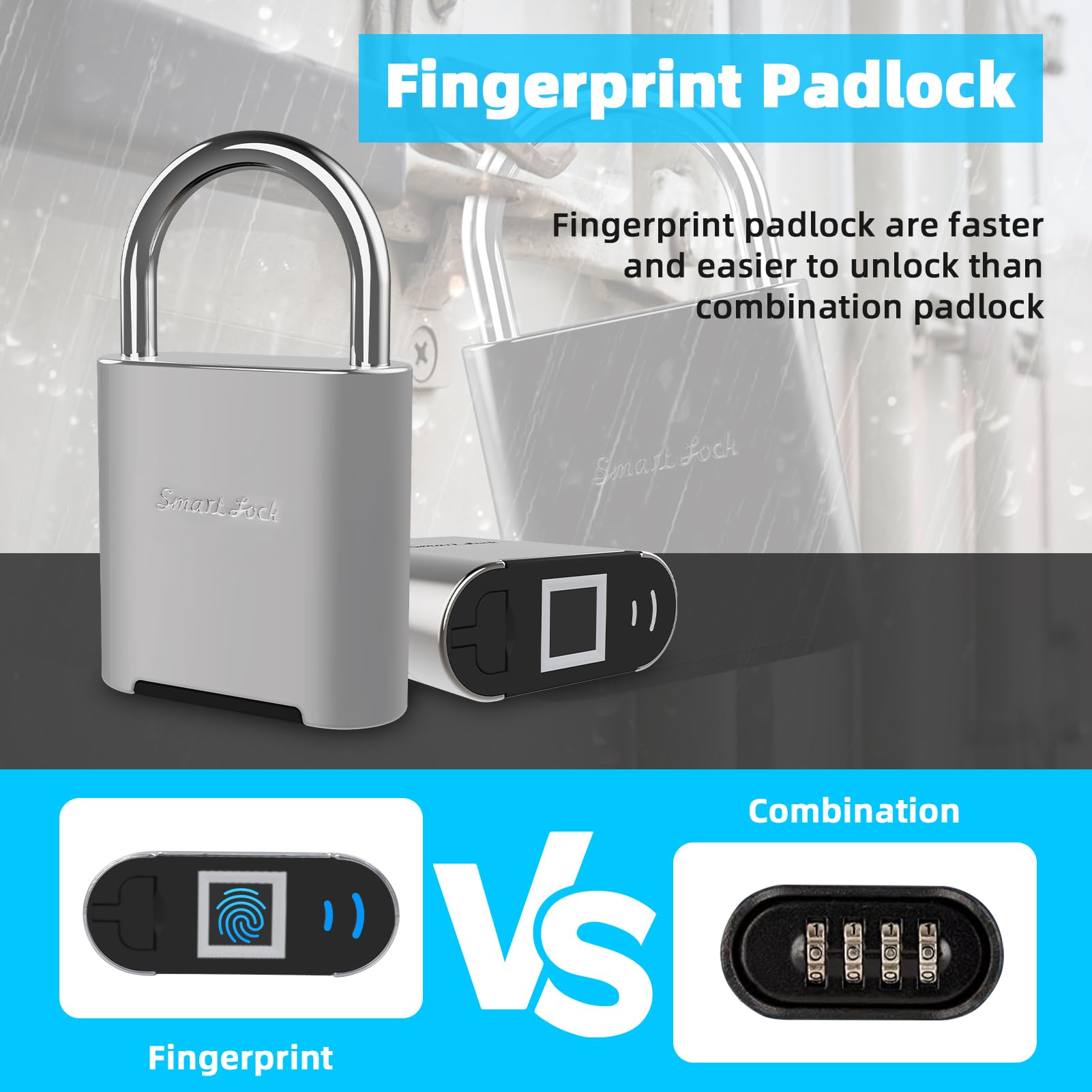 IP66 Waterproof Fingerprint Padlock with USB Rechargeable Battery, Biometric Smart Lock for Gym, Gates & Outdoor Security