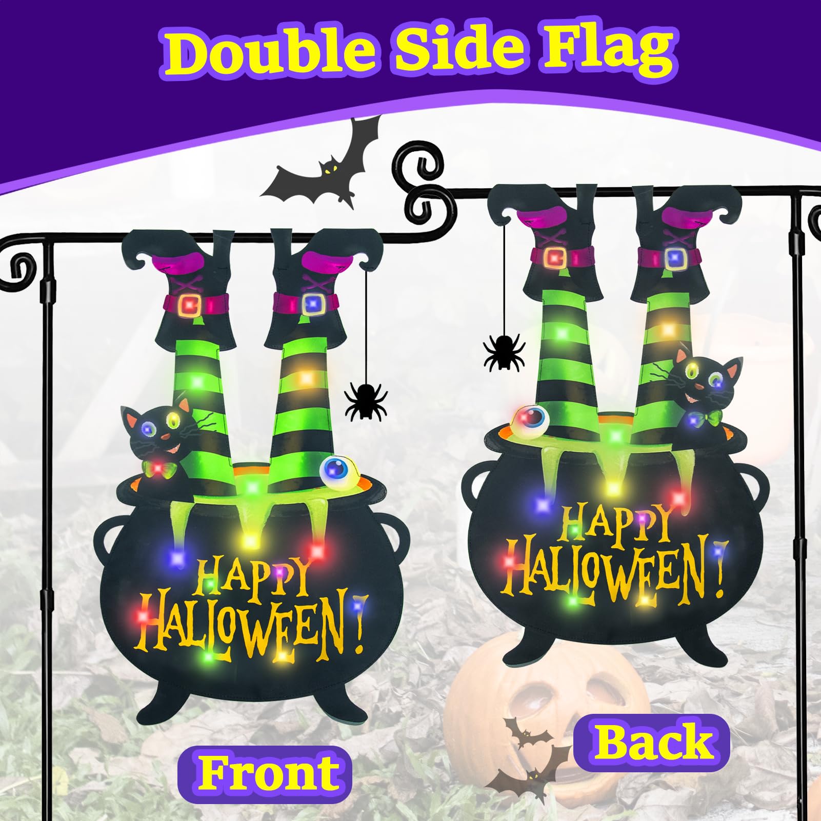 12x18 Halloween Garden Flag with Solar LED Lights – Multi-Colored Double-Sided Cat & Eyeball Cauldron Yard Decoration