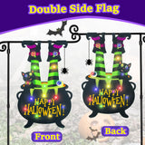 12x18 Halloween Garden Flag with Solar LED Lights – Multi-Colored Double-Sided Cat & Eyeball Cauldron Yard Decoration
