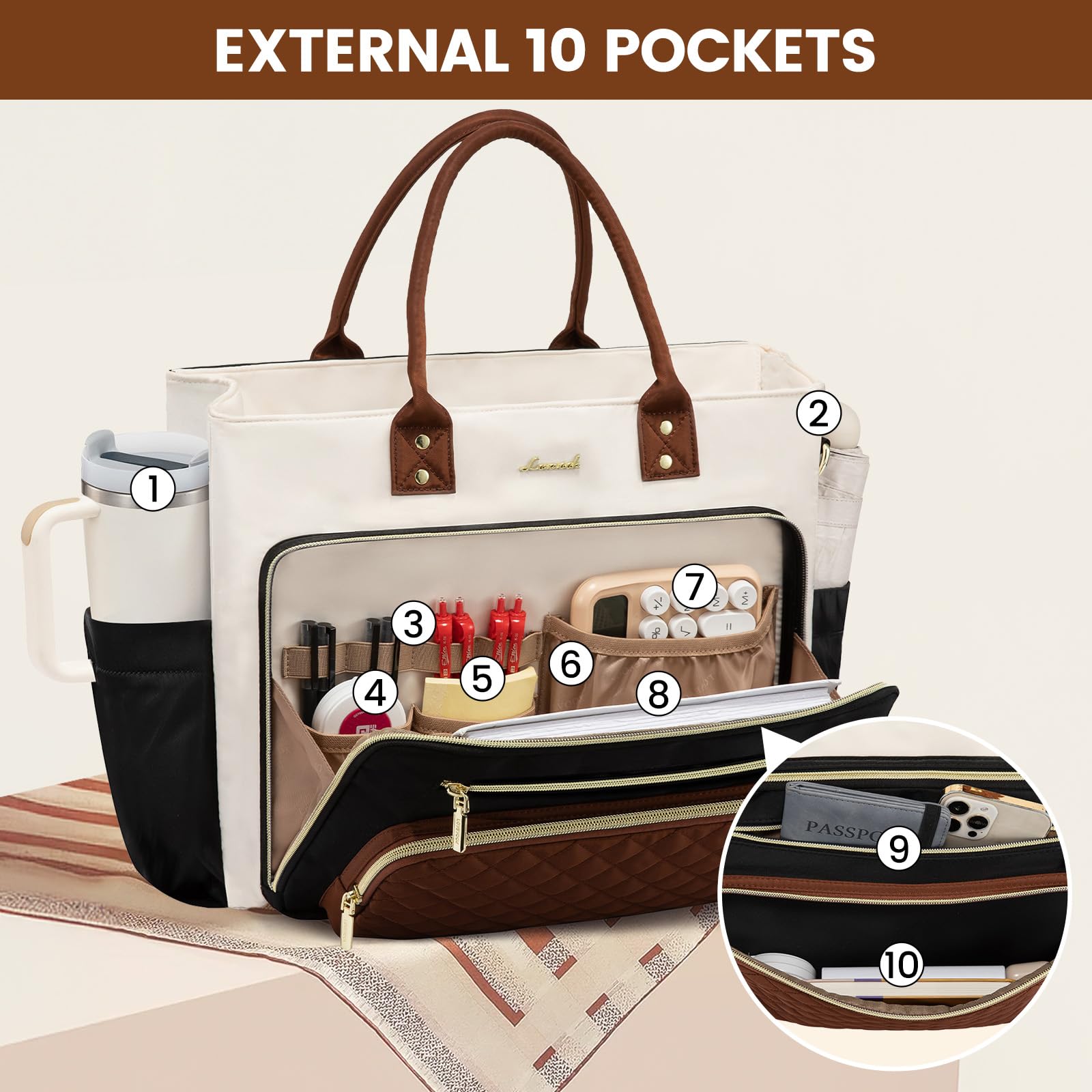 LOVEVOOK Teacher Tote Bag for Women – 15.6” Laptop Work Tote with Large Cup Holder, Multi-Pocket Organization & Luggage Sleeve (Black/Beige/Brown)