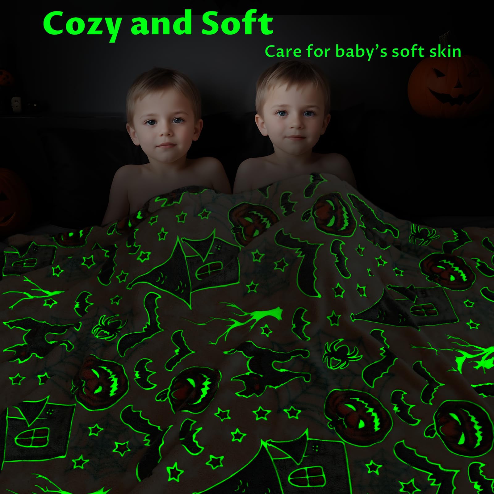 Glow in the Dark Halloween Blanket – Soft Flannel Pumpkin & Cat Throw Blanket for Kids & Adults (Skin Pumpkin)