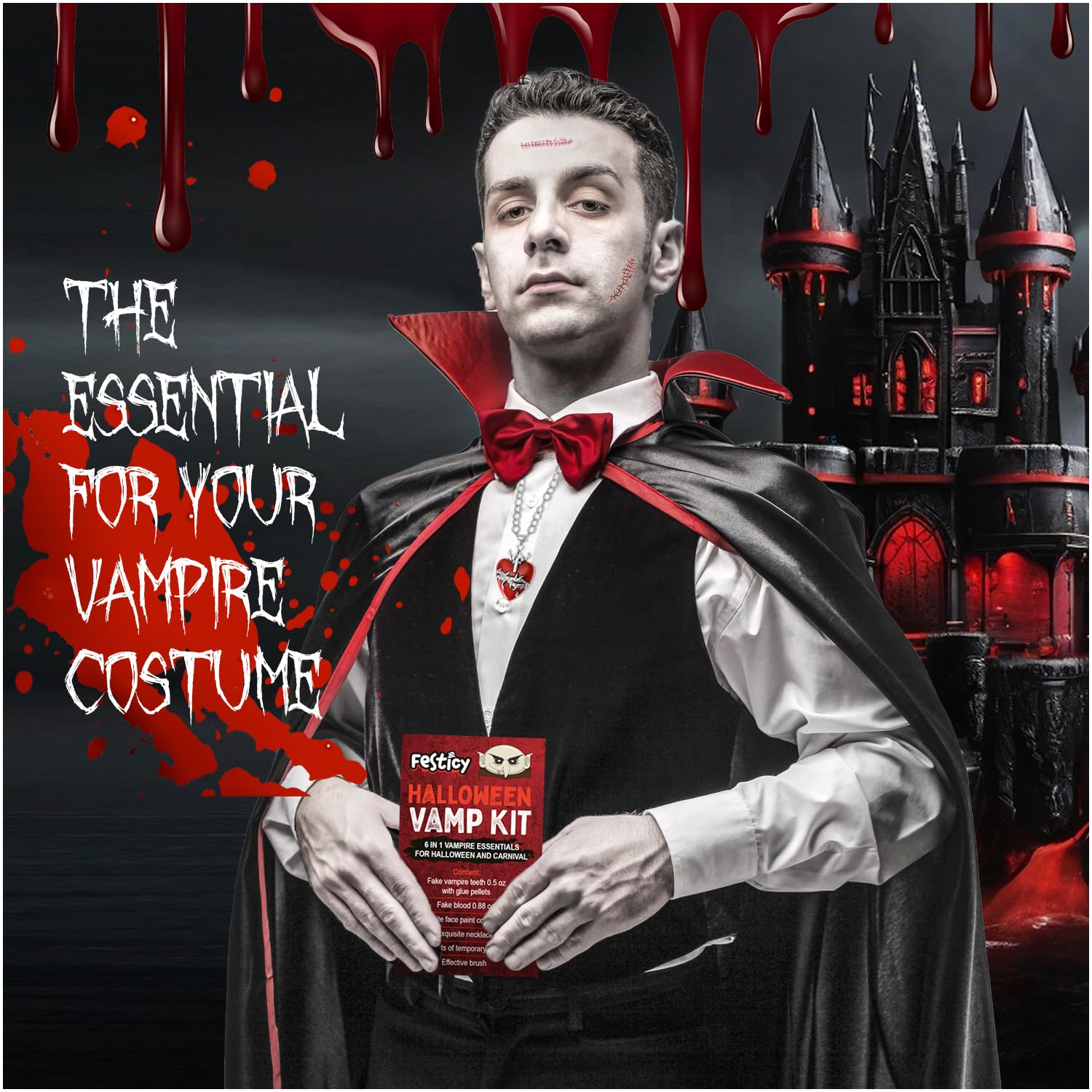 Vampire Makeup & Accessory Kit – Complete Halloween Set with Fake Blood, Fangs, Tattoos, White Face Paint & Necklace