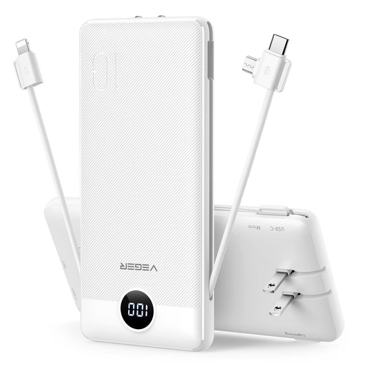 VEGER 10000mAh Ultra Slim Power Bank with Built-in AC Plug & Multi Charging Cables – Universal Portable Travel Charger B White