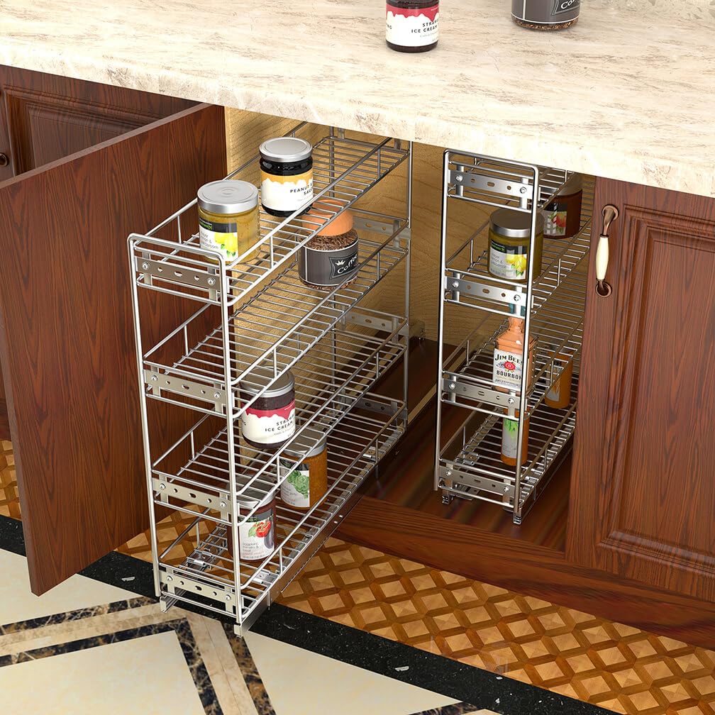 Ultra-Slim 4-Tier Pull-Out Cabinet Organizer – Vertical Spice & Storage Rack for Narrow Spaces (Silver)