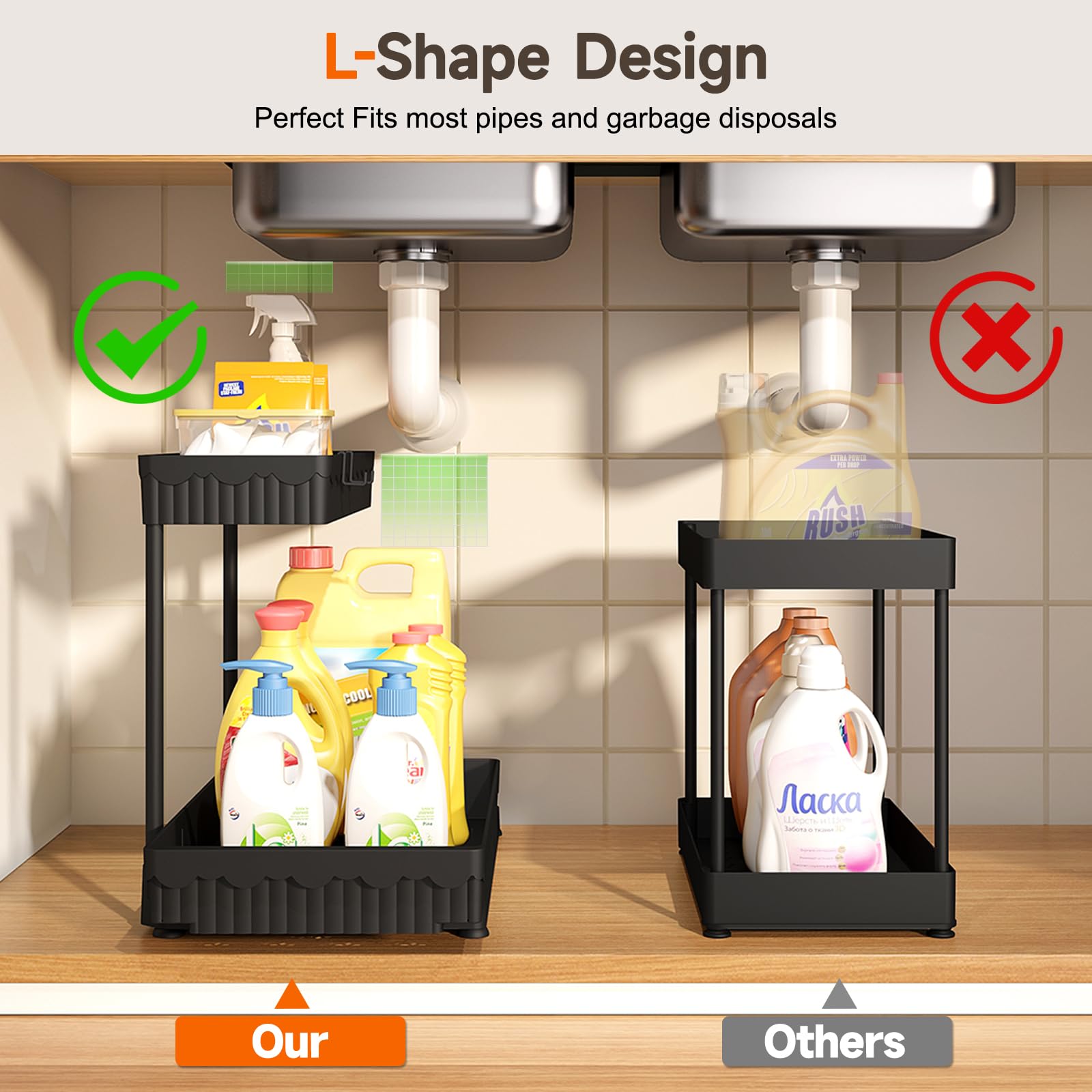 3-Pack L-Shaped Under Sink Organizer – Pull-Out Cabinet Storage with Hooks & Cup (Black)