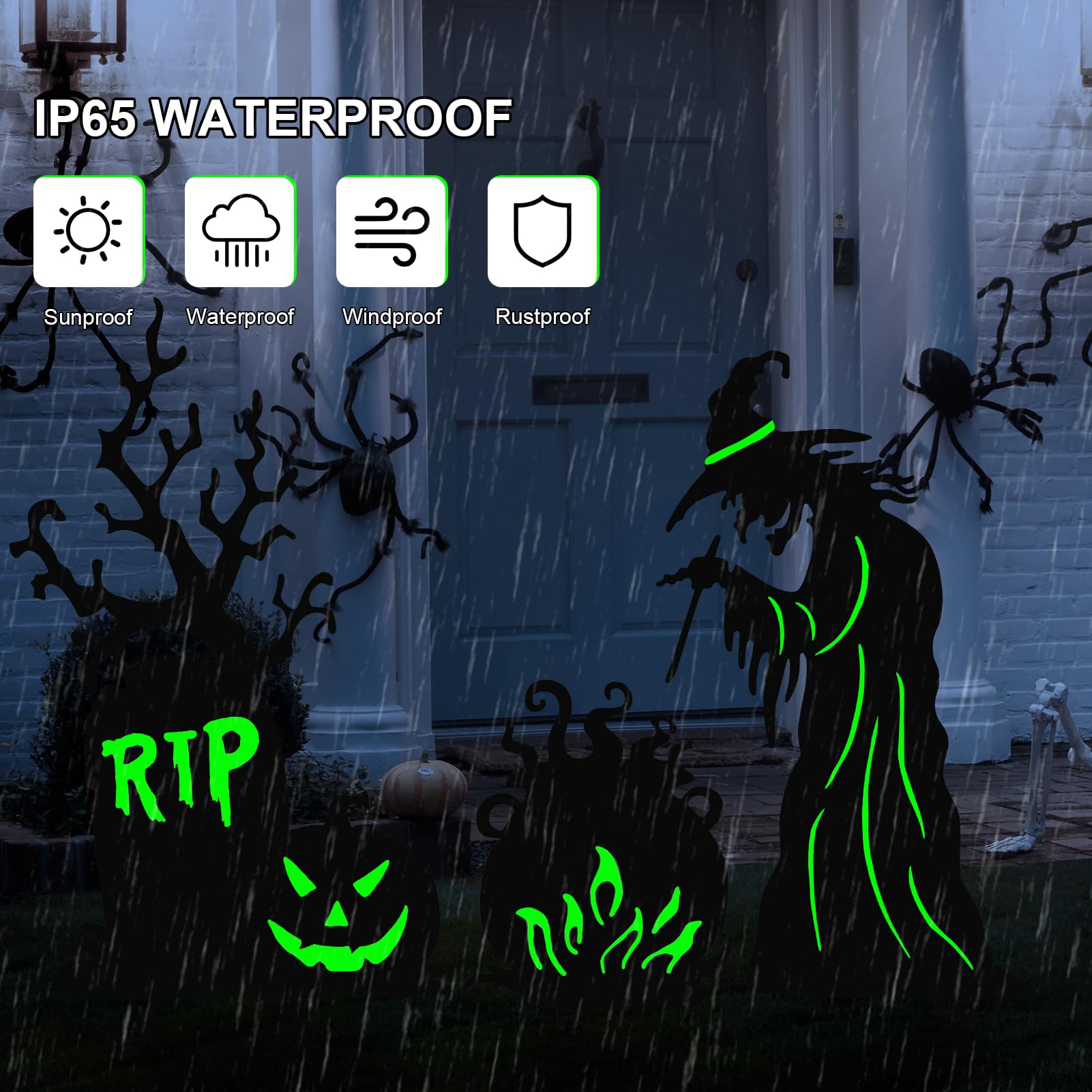 Metal Halloween Yard Stakes – Witch, Tombstone & Cauldron Silhouette Set with Fluorescent Green Glow (Waterproof Outdoor Decor)