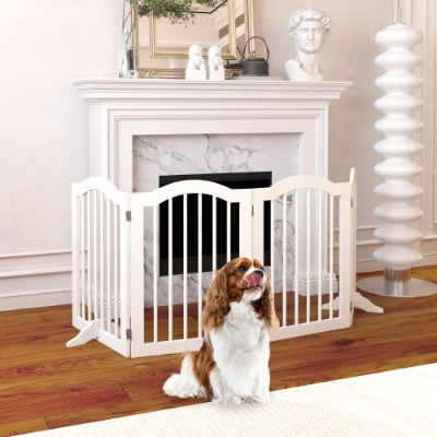 27.6″ Tall 4-Panel Freestanding Wooden Pet Gate – Foldable Safety Fence with Support Feet