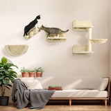 PawHut Cat Wall Shelves Set – 4-Piece Cat Wall Furniture with Hammock, 3 Steps, Perches & Scratching Post for Sleeping & Playing (Beige)