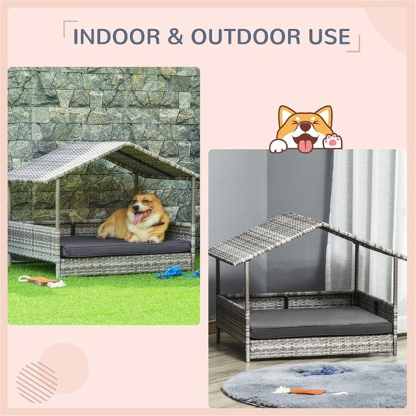 Rattan Dog Bed – Stylish Pet Sofa Tent with Washable Cushion & Non-Slip Base for Small & Medium Dogs, Indoor & Outdoor Use