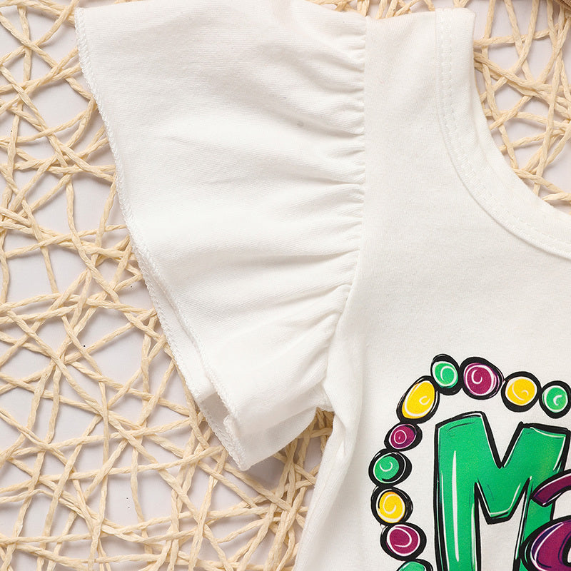 Baby Girl Mardi Gras Outfit 🎭 Ruffle Sleeve Bodysuit + Mesh Tutu Skirt + Hairband Set