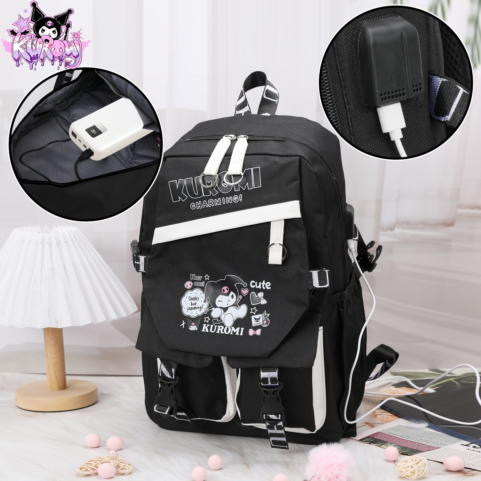 SANRIO Kuromi Anime Backpack with Pendant Charm – High-Quality Nylon Laptop Bag (Fits 15″) for School, Travel & Hiking 🎒