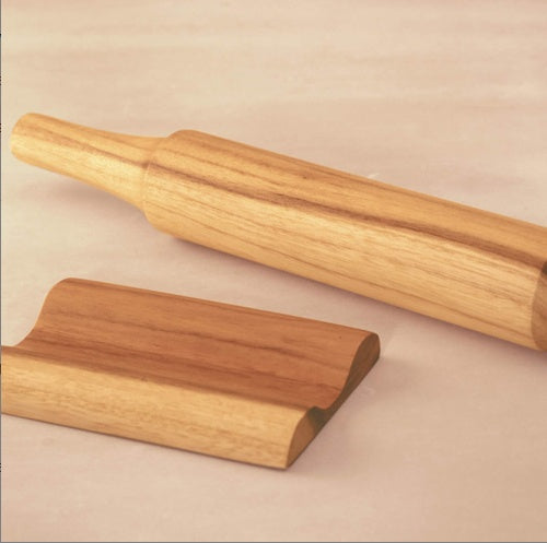 Teak Wood Belan & Stand Set – Handcrafted Rolling Pin with Matching Holder