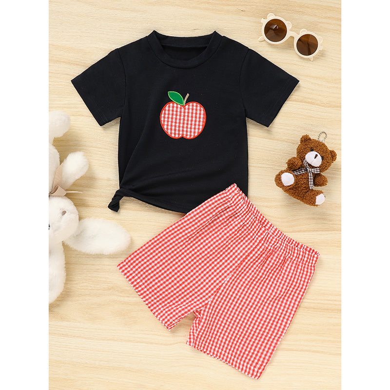 Toddler Baby Boy Back to School Outfit – Summer Appliqué T-Shirt & Red Gingham Shorts 2PCS Set