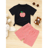 Toddler Baby Boy Back to School Outfit – Summer Appliqué T-Shirt & Red Gingham Shorts 2PCS Set