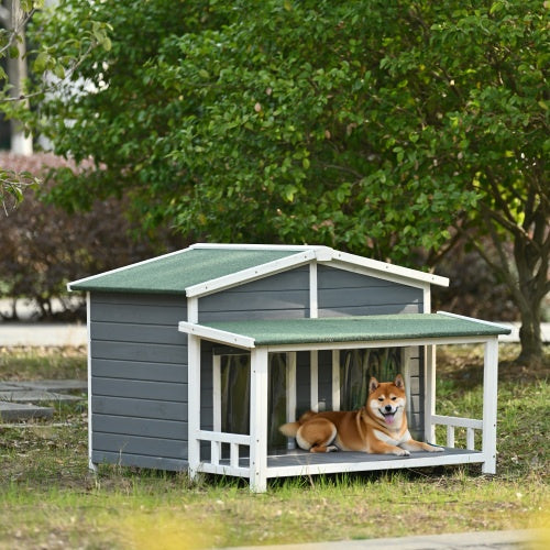 GO 47.2" Large Wooden Dog House – Outdoor/Indoor Cabin Style Pet Crate with Porch & Dual Doors in Gray and Green