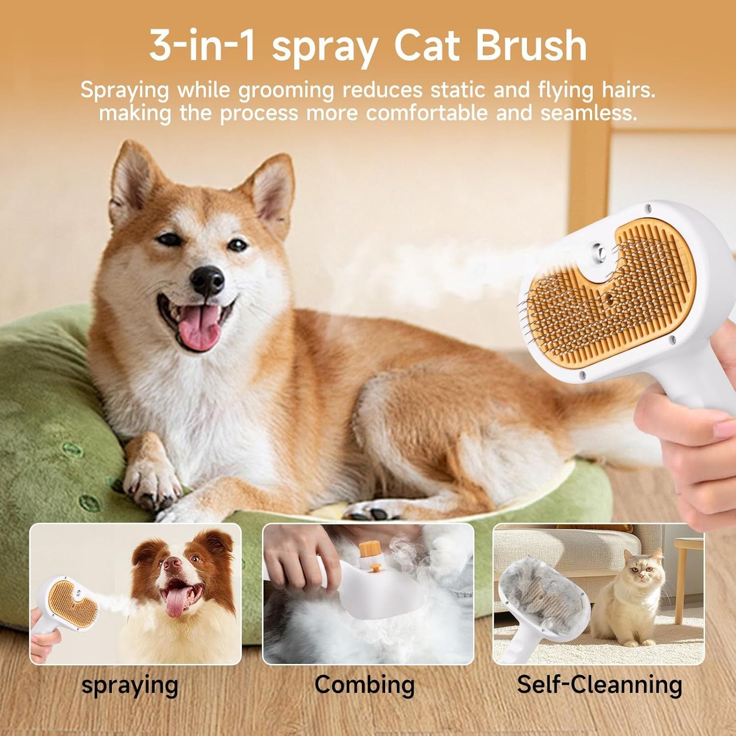 Universal 3-in-1 Pet Steam Brush – Spray Hair Removal Comb with Waterless Shampoo & Ear Cleaning Towel for Dogs & Cats
