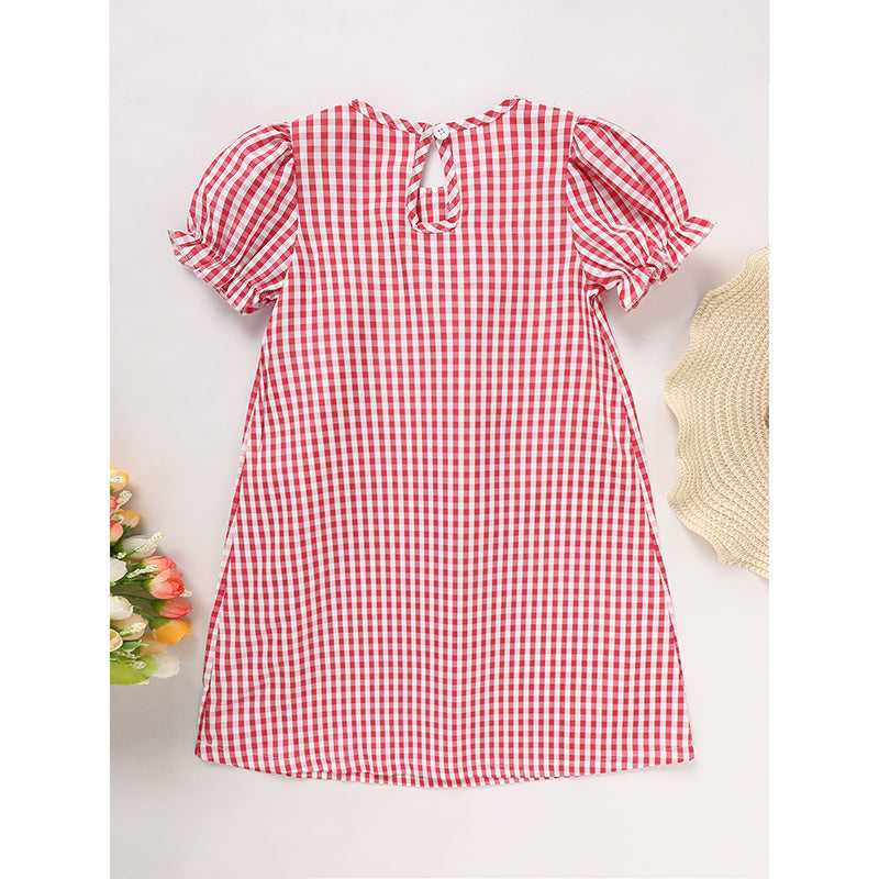 Toddler Kids Girls Back to School Dress – Smocked Collar Puff Sleeve Plaid Embroidered Outfit