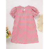 Toddler Kids Girls Back to School Dress – Smocked Collar Puff Sleeve Plaid Embroidered Outfit