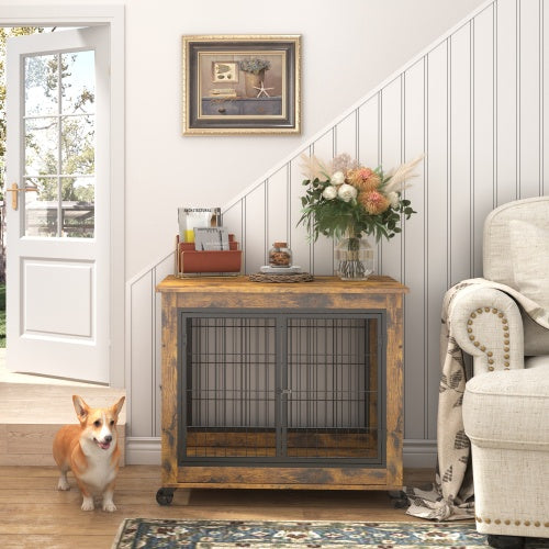 Furniture-Style Dog Crate Side Table – Rustic Brown Wooden Kennel with Double Doors, Lift-Top & Wheels