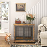 Furniture-Style Dog Crate Side Table – Rustic Brown Wooden Kennel with Double Doors, Lift-Top & Wheels