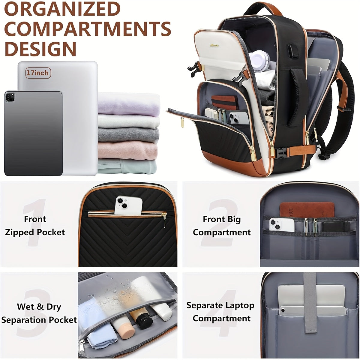 Large Carry-On Travel Backpack – TSA/Personal-Item Compatible, Fits 17″ Laptop, USB Port & 3 Packing Cubes 🧳