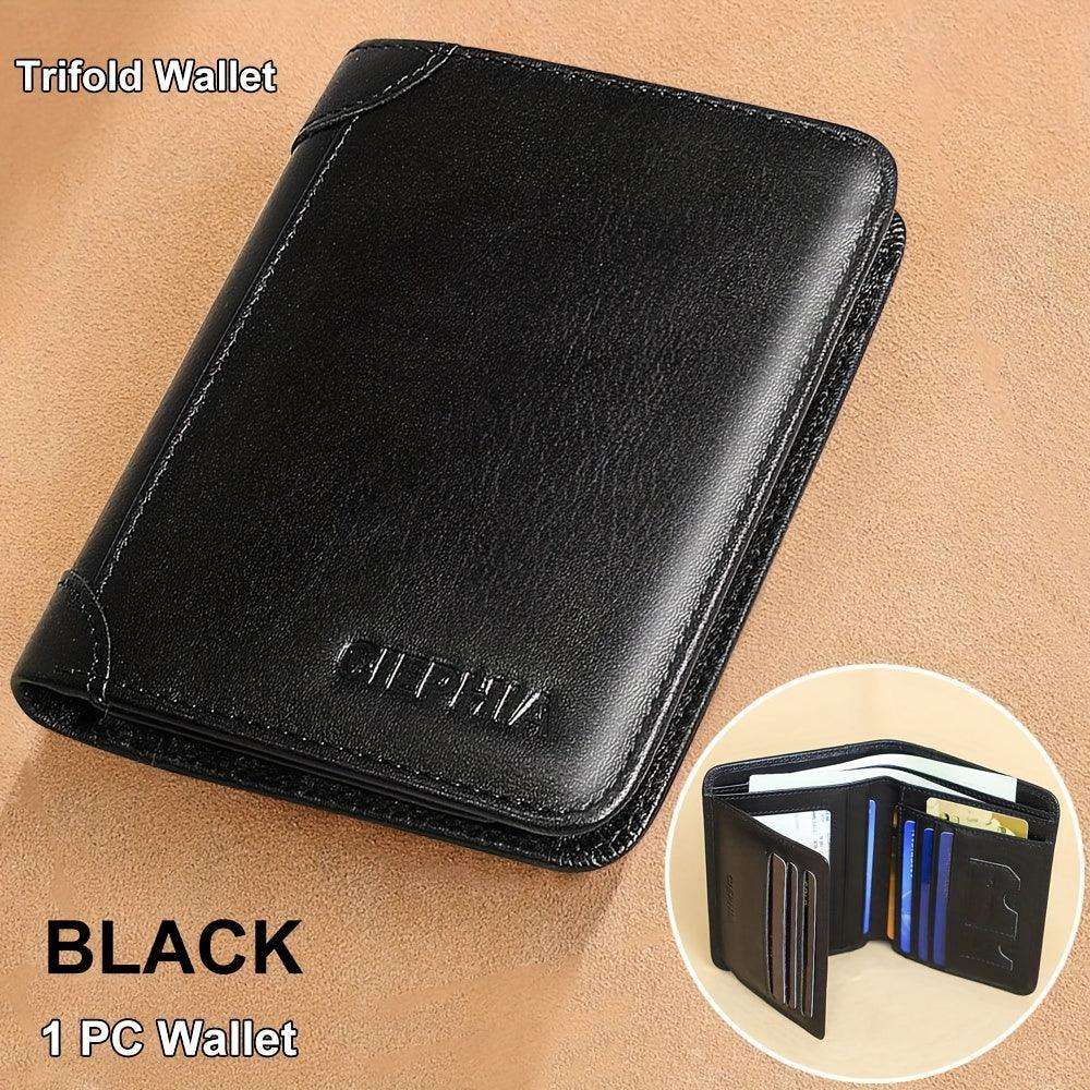 RFID Blocking Trifold Genuine Leather Wallets For Men, Top Layer Cowhide Vintage Short Multi Function Credit Card Holder, Money Clips With 2 ID Windows Valentine'S Day Gifts For Men - PulinGO