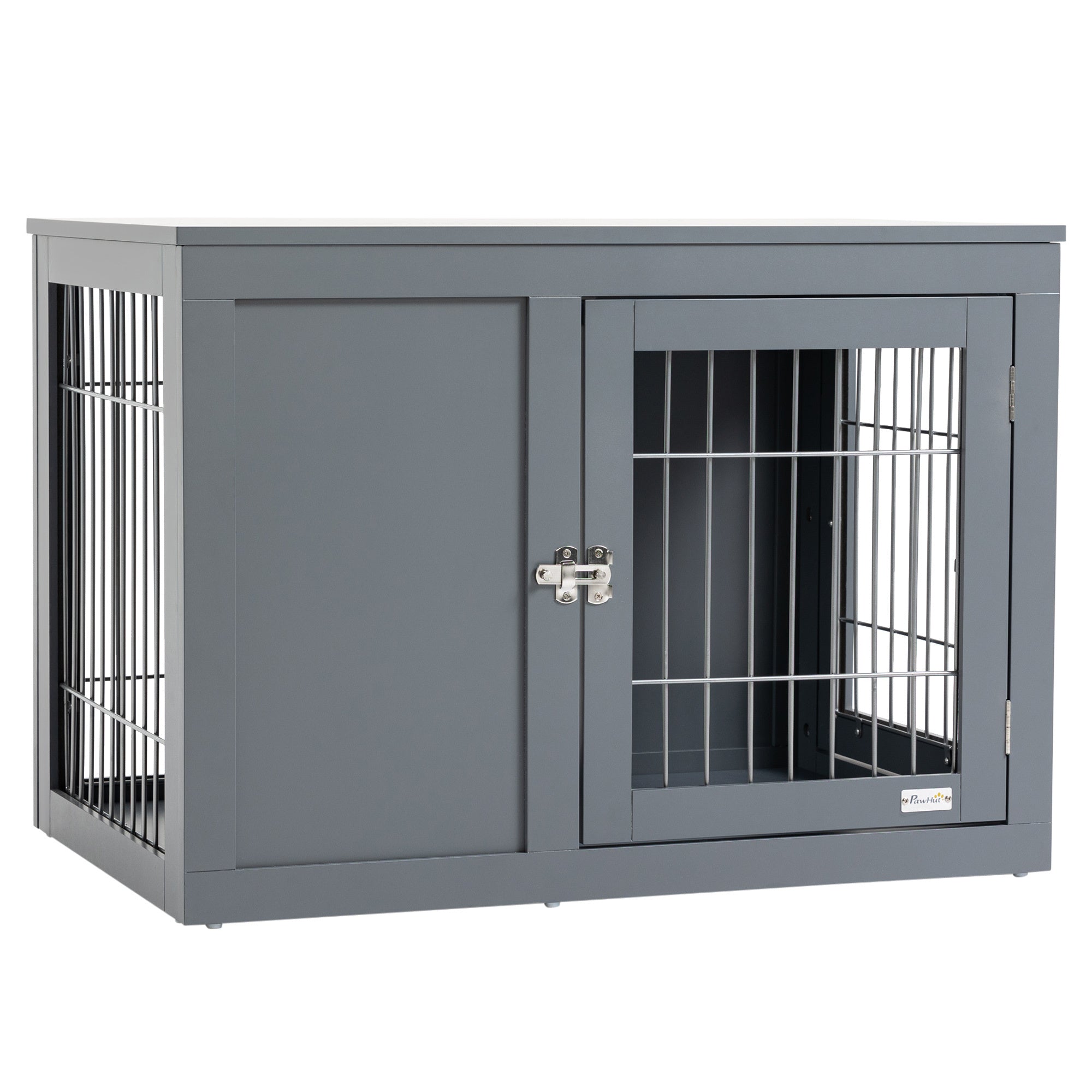 Dog Cage Furniture – Grey Metal Indoor Pet Crate with Double Doors, Secure Locks & End Table Design for Small & Medium Dogs