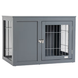 Dog Cage Furniture – Grey Metal Indoor Pet Crate with Double Doors, Secure Locks & End Table Design for Small & Medium Dogs