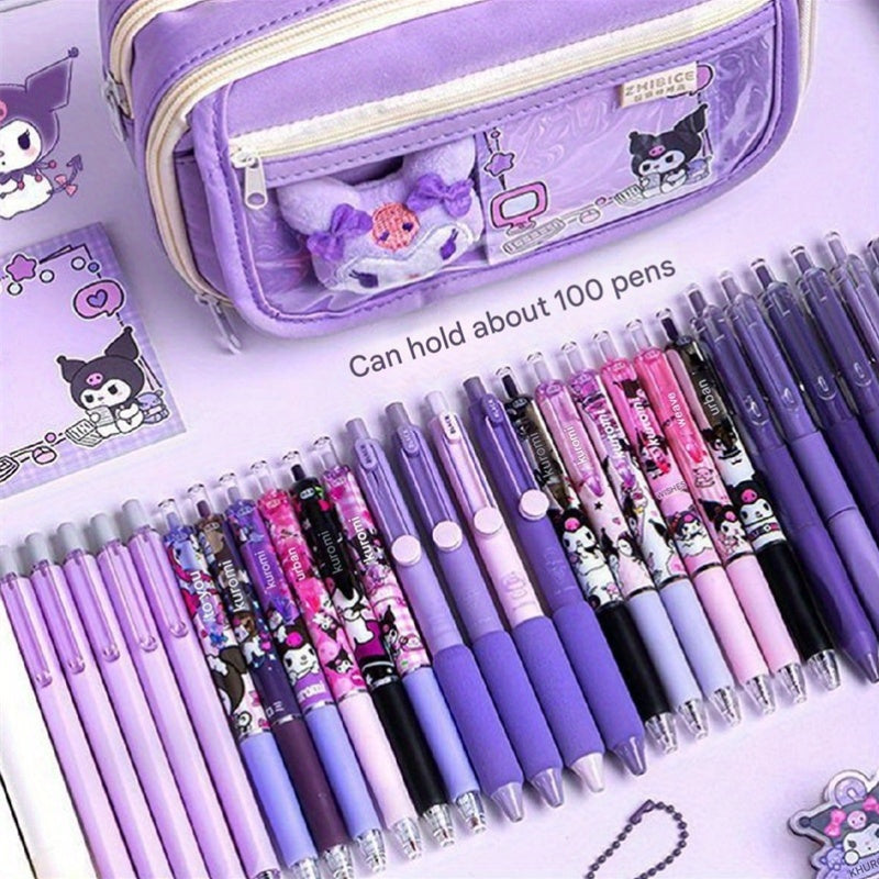 Kuromi Transparent Multi-Compartment Pencil Case – Large Capacity, Free Stickers, Violet-White Design