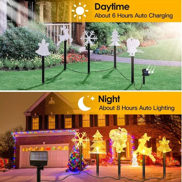 5-Piece Mixed Christmas Solar Stake Lights – Reindeer, Snowflake, Bell, Christmas Tree & Santa Claus, Warm Yellow LEDs, IP44 Waterproof