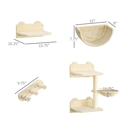 PawHut Cat Wall Shelves Set – 4-Piece Cat Wall Furniture with Hammock, 3 Steps, Perches & Scratching Post for Sleeping & Playing (Beige)