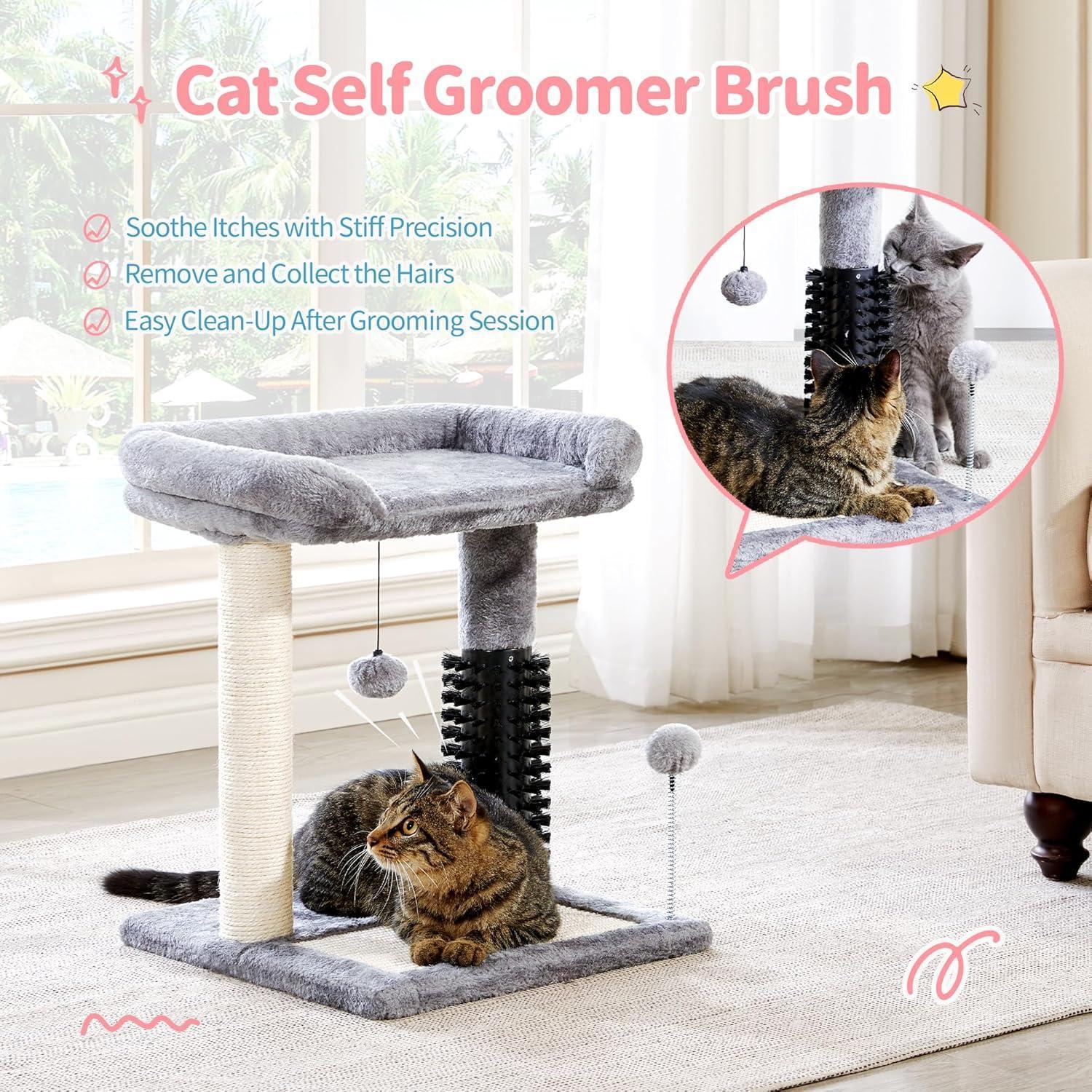Small 4-in-1 Cat Tree Tower – Self-Grooming Brush, Sisal Scratching Post, Soft Plush Bed & Hanging Ball for Kittens
