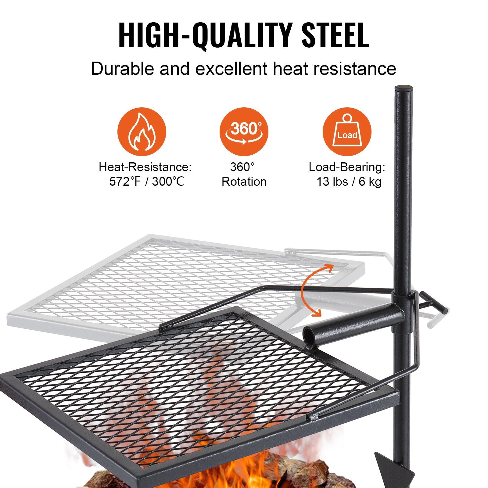 VEVOR Swivel Campfire Grill 🍖 Heavy Duty Steel Fire Pit Grate – 360° Adjustable Outdoor BBQ & Camping Cooking Rack