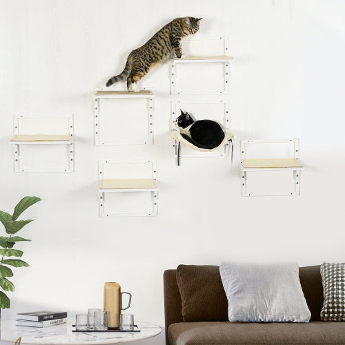 PawHut 6-Piece Modern Cat Wall Shelves – Height Adjustable Jumping Platforms & Climbing Furniture for Indoor Cats