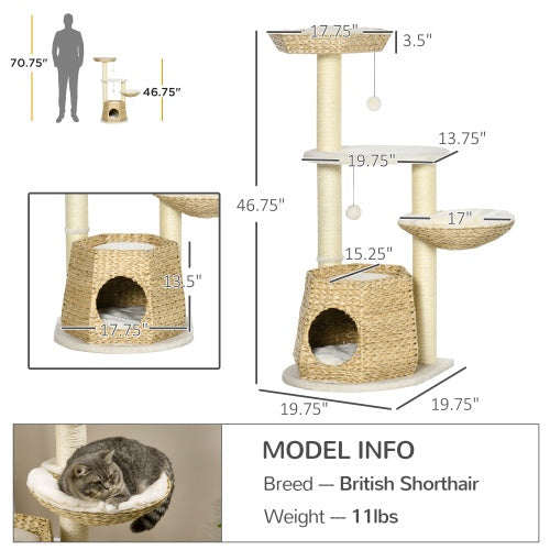 PawHut 47" Cat Tree – Kitty Activity Center with Fluff Bed, Condo, Sisal Scratching Post & Hanging Ball, Natural