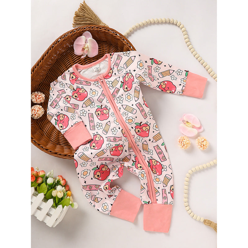 Adorable Infant Back-to-School Romper 🍎✏️ Apple & Pencil Print Long Sleeve Jumpsuit 👶