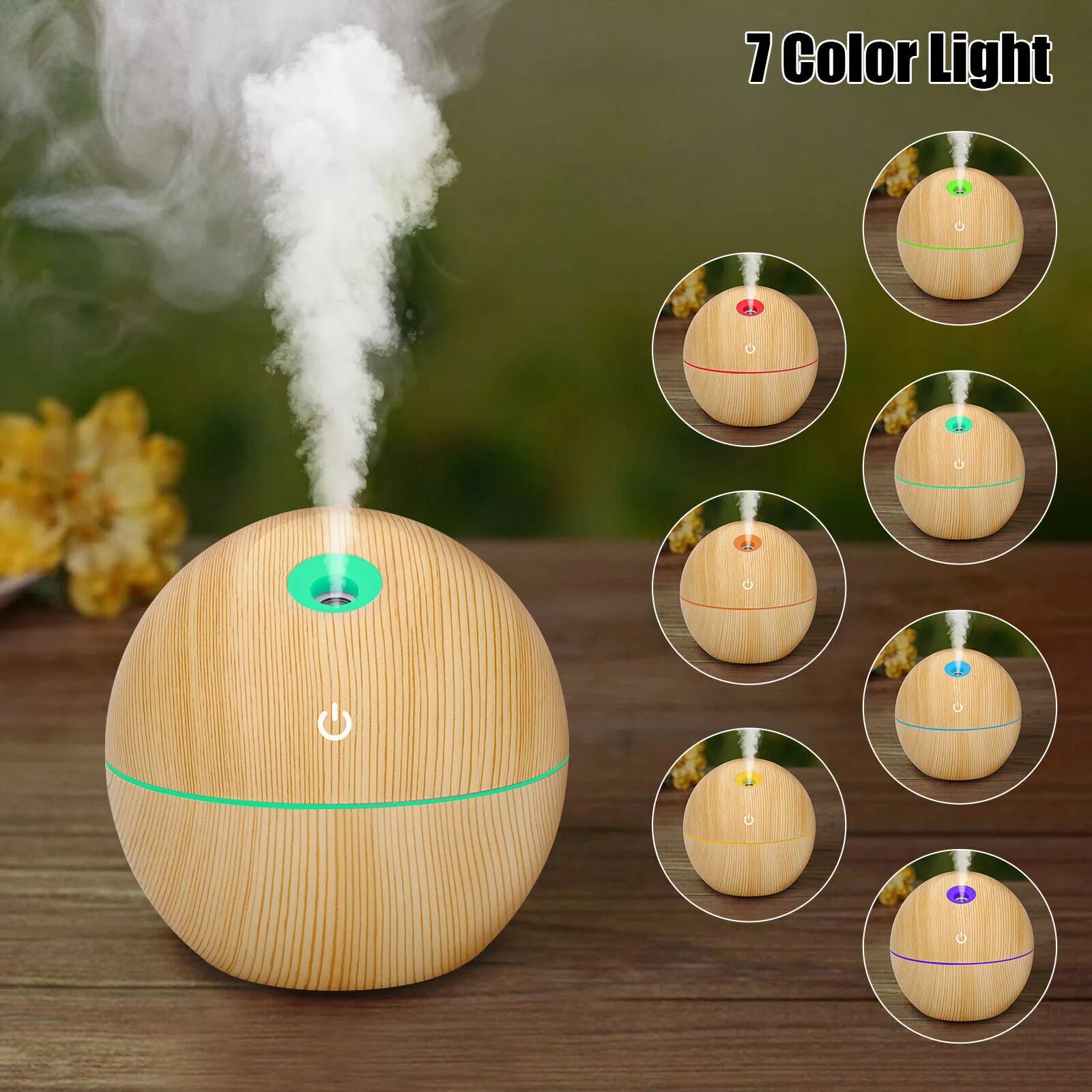 USB Aroma Humidifier Essential Oil Diffuser – Ultrasonic Cool Mist with 7-Color Changing LED Light, Wood Finish, 130ml