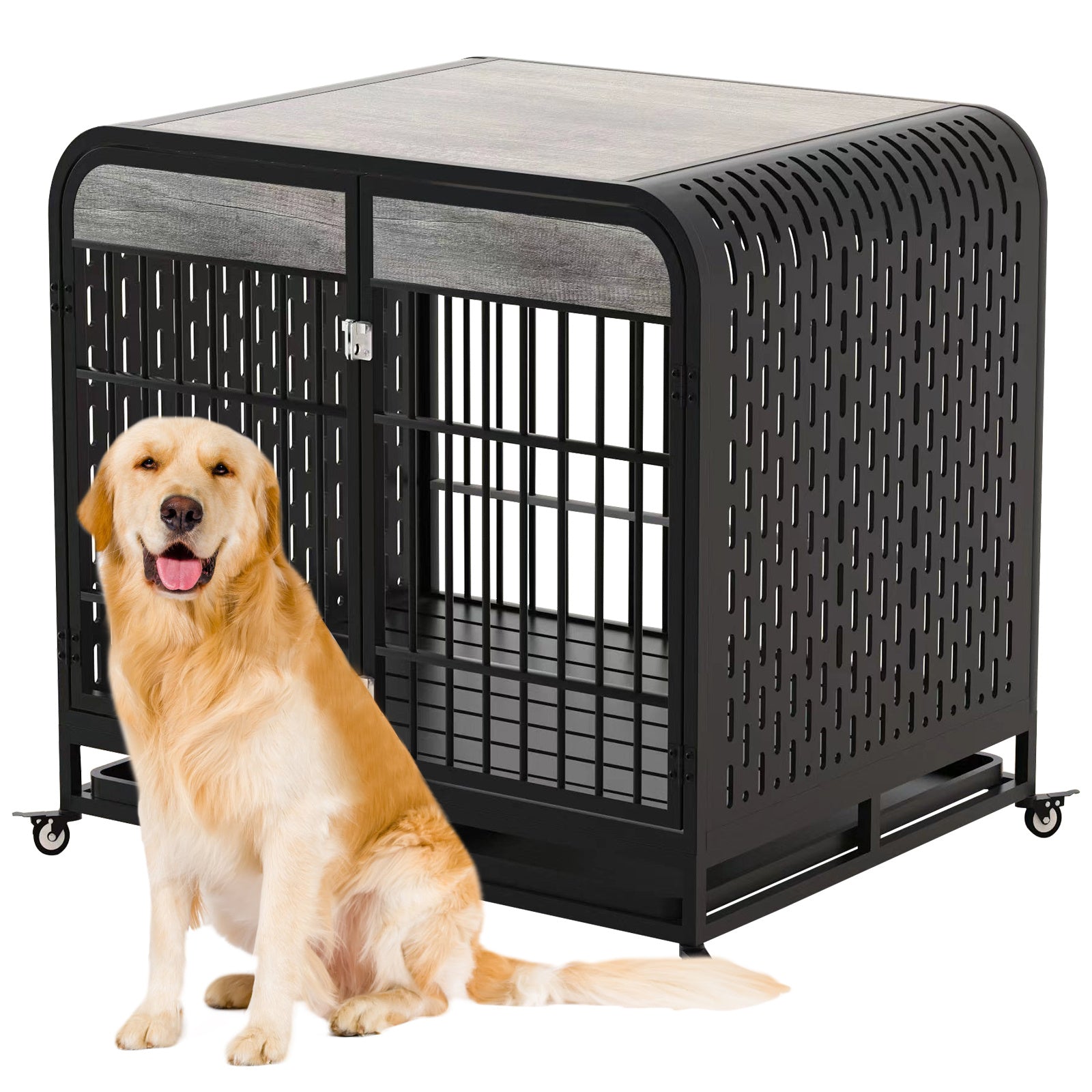42" Heavy-Duty Dog Crate Furniture – Grey Wood-Top Kennel with Metal Frame