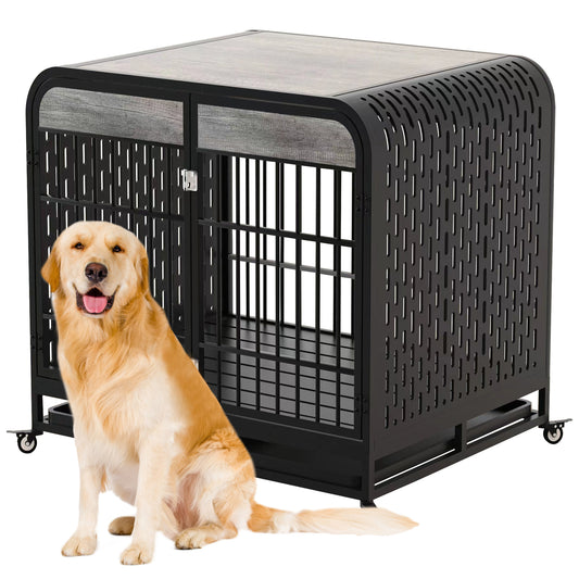 42" Heavy-Duty Dog Crate Furniture – Grey Wood-Top Kennel with Metal Frame