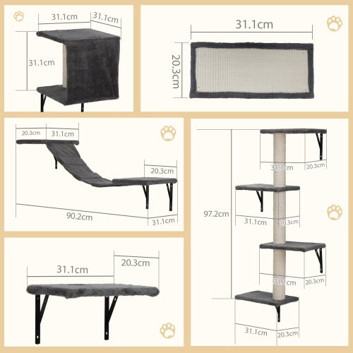 5-Piece Multi-Storey Wall-Mounted Indoor Cat Tree – Space-Saving Cat Furniture with Scratch Board & Climbing Platforms