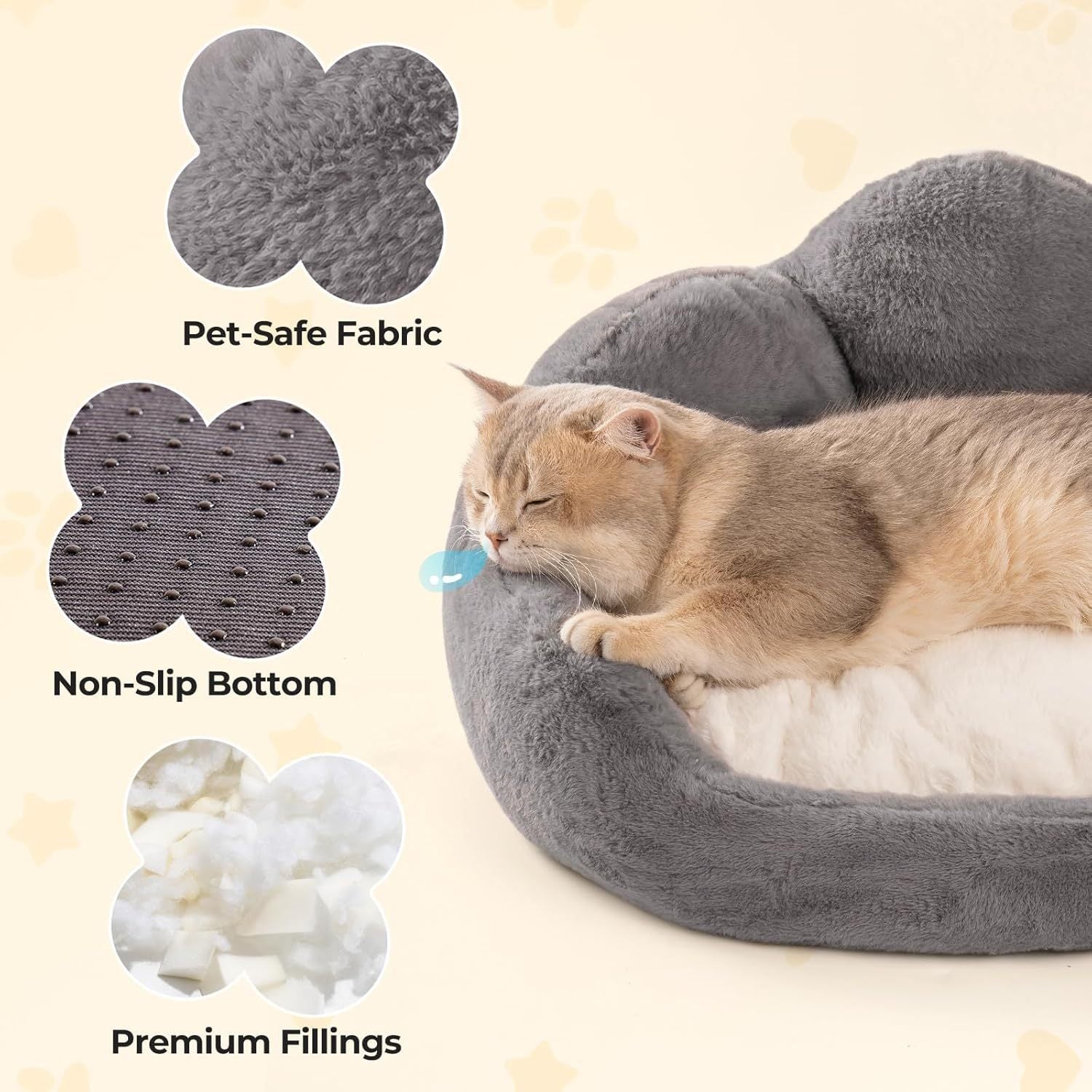 Mewoofun Cat & Small Dog Bed – 23" Grey Fluffy Flower-Shaped Washable Sofa Bed with Non-Slip Bottom for Puppies & Kittens