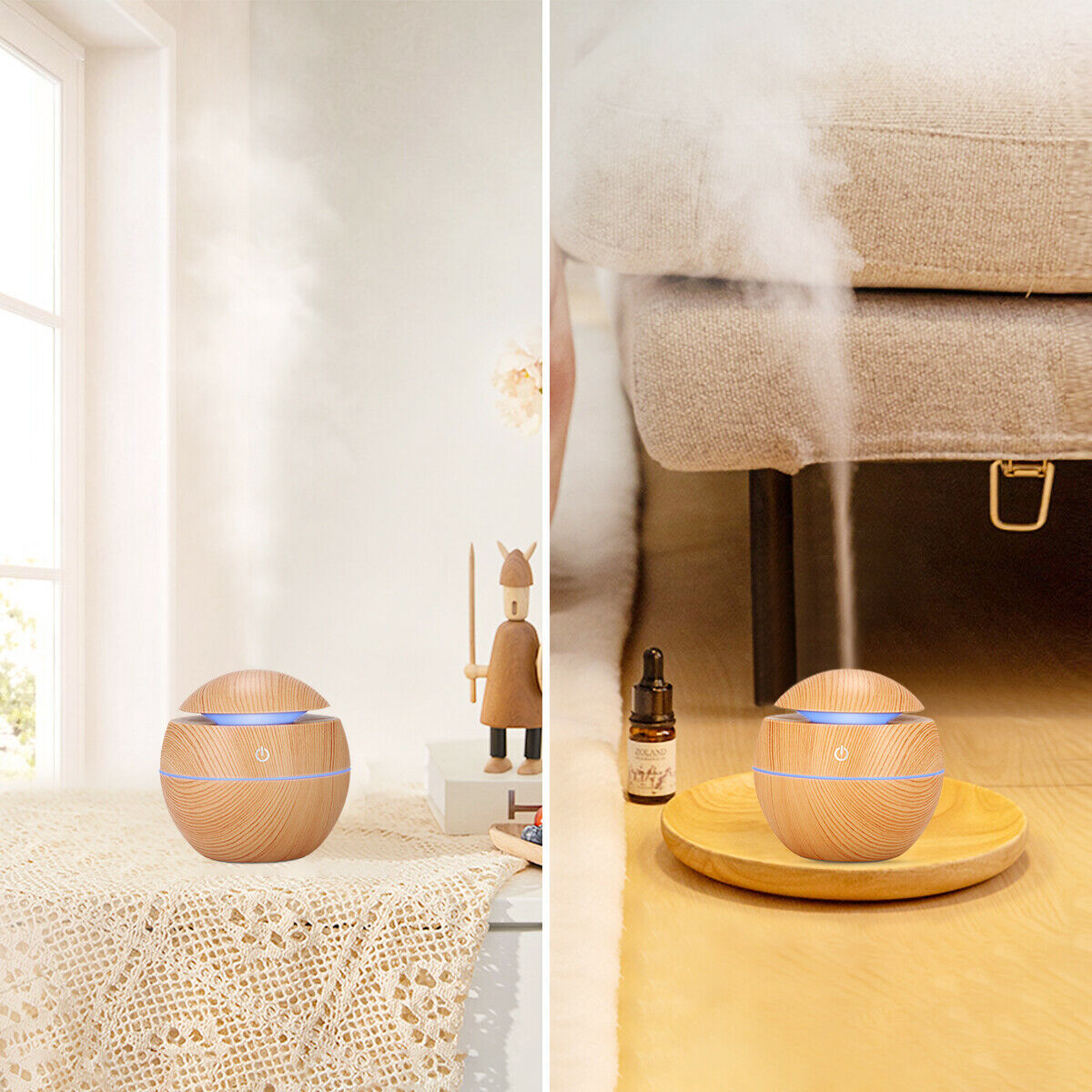 USB Aroma Humidifier Essential Oil Diffuser – Ultrasonic Cool Mist with 7-Color Changing LED Light, Wood Finish, 130ml