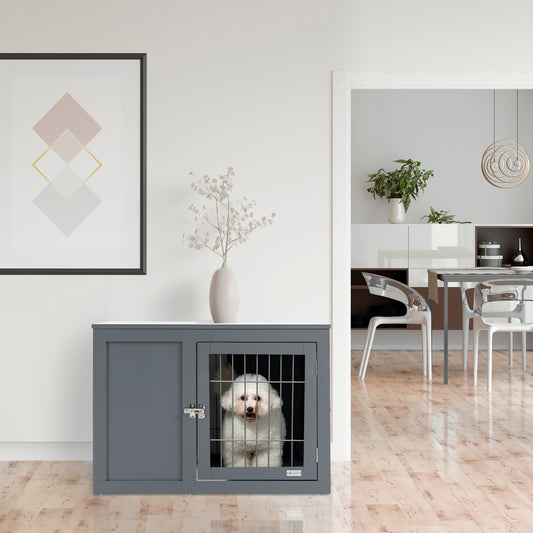 Dog Cage Furniture – Grey Metal Indoor Pet Crate with Double Doors, Secure Locks & End Table Design for Small & Medium Dogs