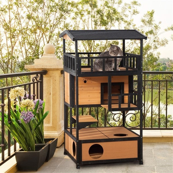 Wooden Cat House – Outdoor Pet Shelter with Weather-Resistant Roof, Raised Base & Ventilation for Cats & Small Animals