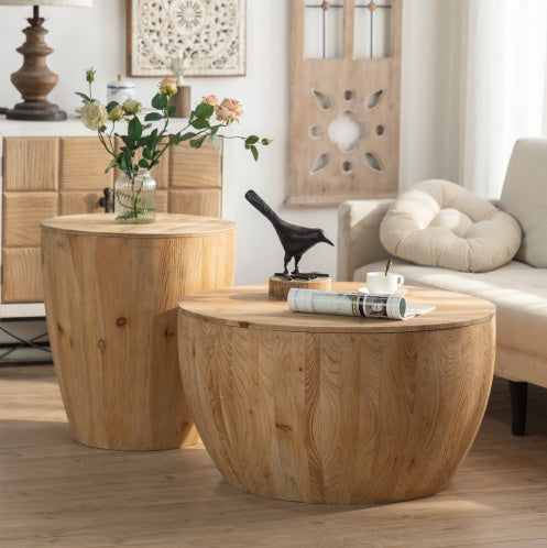 Vintage Industrial Nesting Coffee Table Set - Bucket Style Tables with Lift-Top Storage