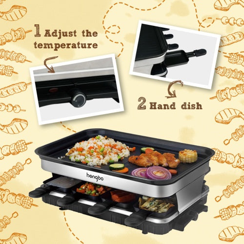 8-Person Non-Stick Raclette Grill – 1500 W Adjustable Tabletop Grill with Mini Pans and Stepped Griddle Top