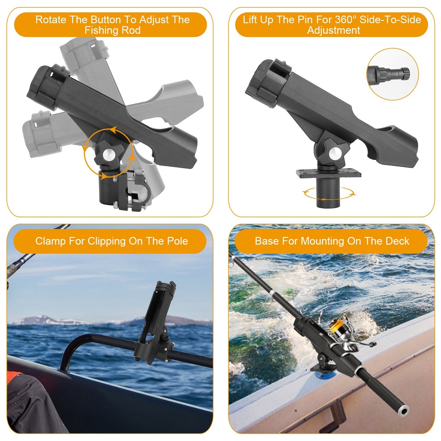 360° Rotatable Boat Fishing Rod Holder - Adjustable Kayak Pole Holder with Rail Clamp Mount