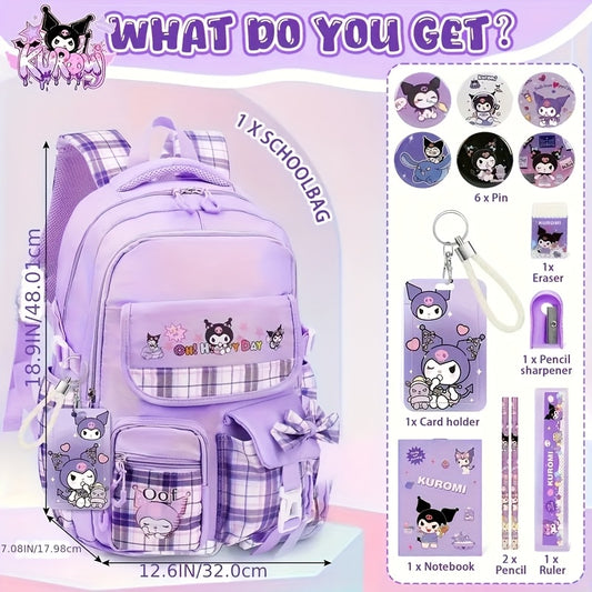 Sanrio Kuromi Purple Backpack Set – Includes 6 Badges, Card Set & Stationery for Teen Students